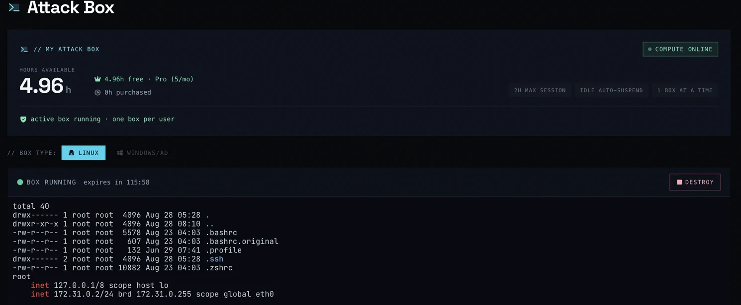 Live Attack Box dashboard — a running cloud Kali box in the browser